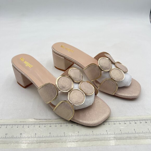 Wo Wagas Gold Cutout Mules Round Slippers Slip On Sandals Block Heels Shoes - Picture 4 of 8